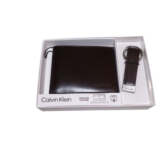 NIP Calvin Klein RFID Slimfold Extra Capacity Wallet With Key Fob Brown Leather - Picture 1 of 6